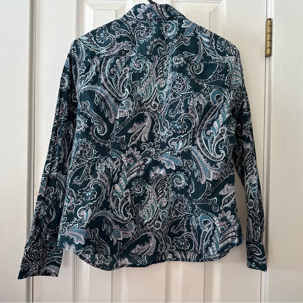 Talbots Petites Paisley Button-Down Shirt Teal Green Size 12P - Picture 5 of 5